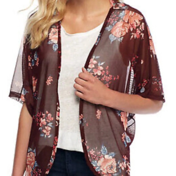 Mesh Kimono Floral Knit Wine Rose Relaxed Sheer Boho Size Large Polly & Esther - Picture 12 of 12